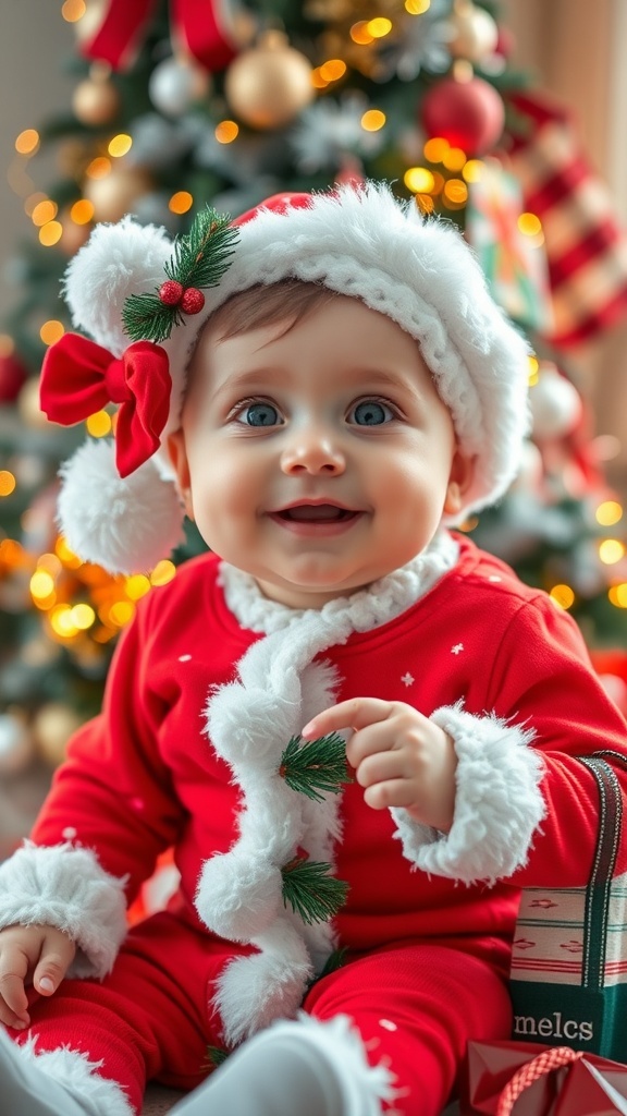 A baby in a Christmas outfit with holiday decorations and a Christmas tree in the background.